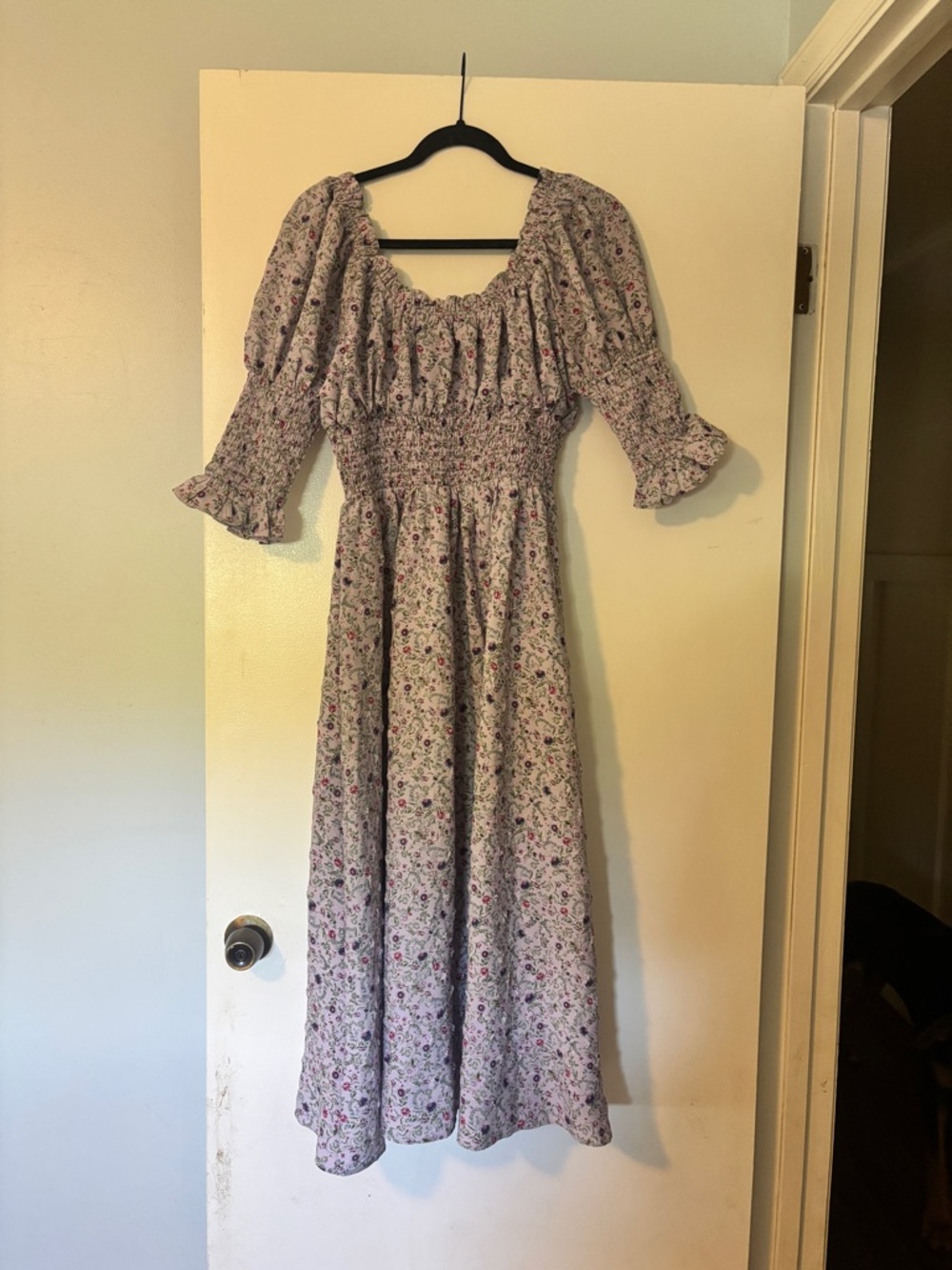 Hyacinth House Floral Lavender Puff-Sleeve Smocked Dress, Size XS